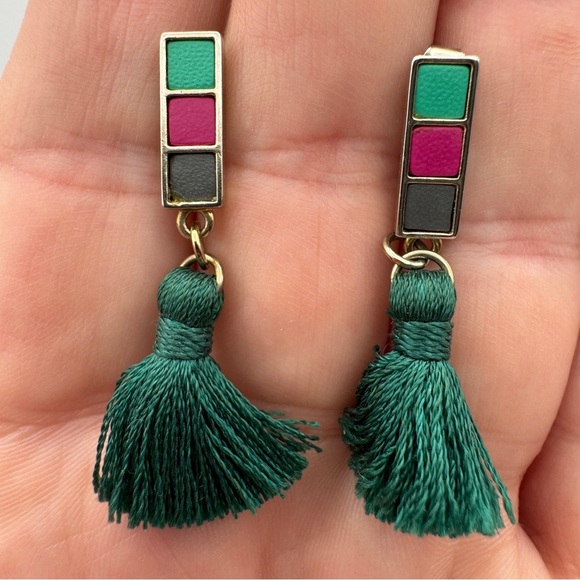 Geometric Tassel Earrings Green Pink Gray Enamel Dangle 1.5” - Picture 1 of 3